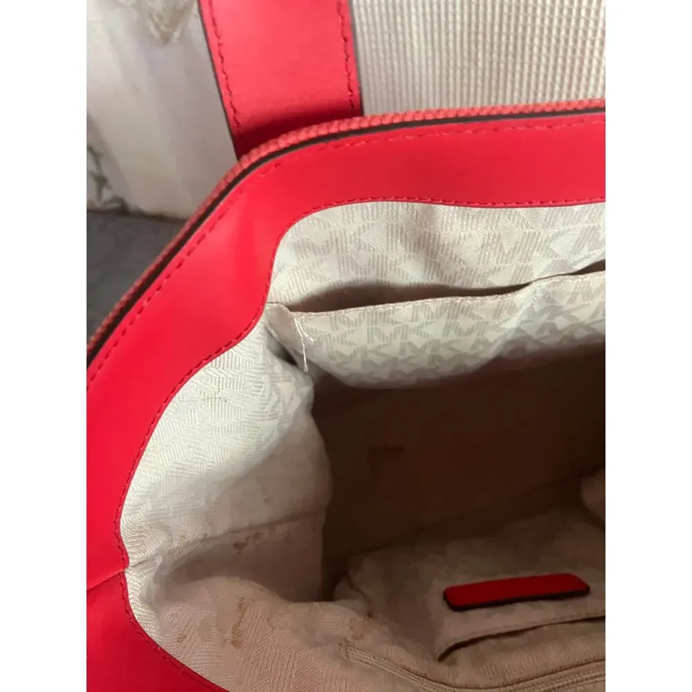 Michael Kors Red Woven Canvas Leather Tote Bag Gold MK Medallion Signature